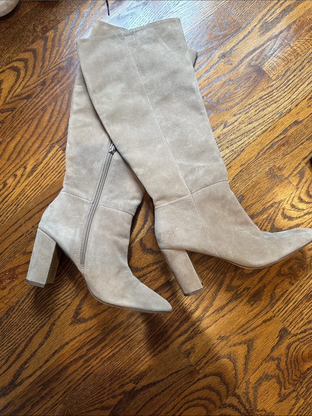 Charles David Taupe Suede Knee-High Block Heel Boots